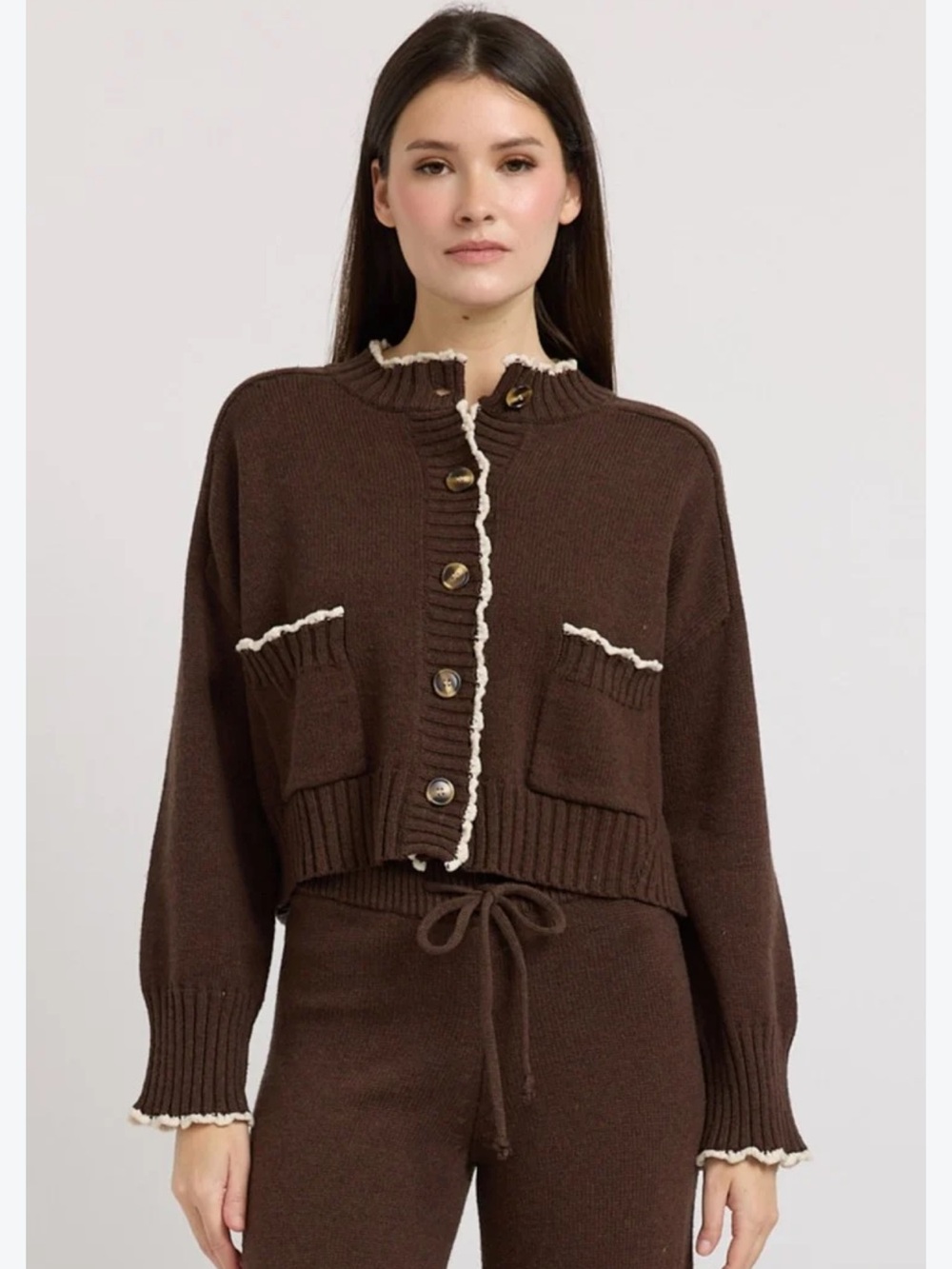 En Saison Victoria Chocolate Brown Ruffle Trim Cardigan Sweater NWT
